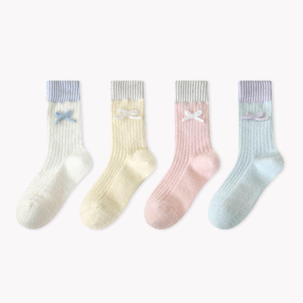 Soft Plush Sleep Socks Bowknot Middle Tube Socks Sweet Warm Home Socks  Cold Weather