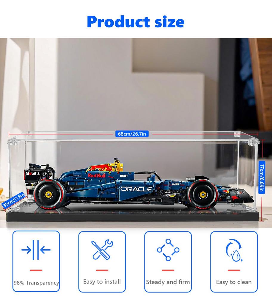 Sungvool Building Blocks F1 Race Car Acrylic Display Box with LEGO Technic F1 Race Freestanding Black Base Storage Reinforced Construction to Protect