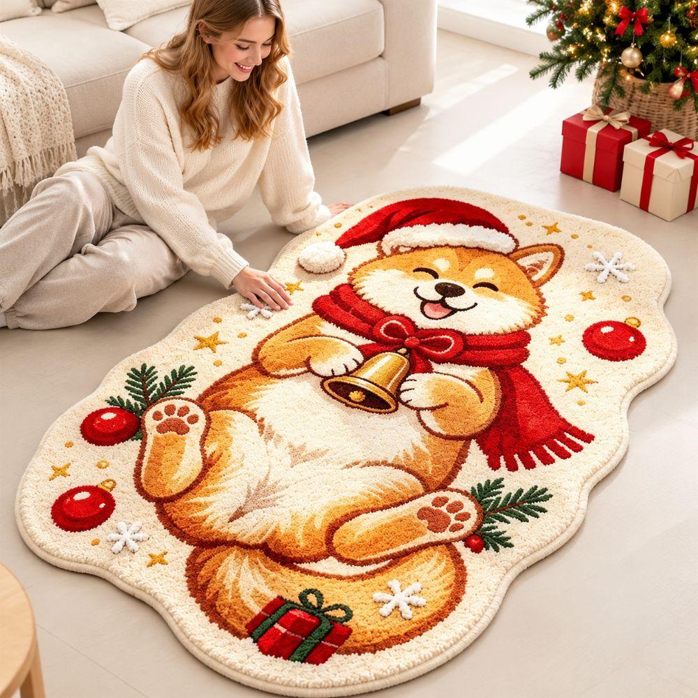 Soft Plush Cartoon Doormat Carpet Christmas Theme Pattern Cat Shaped Mat Entryway