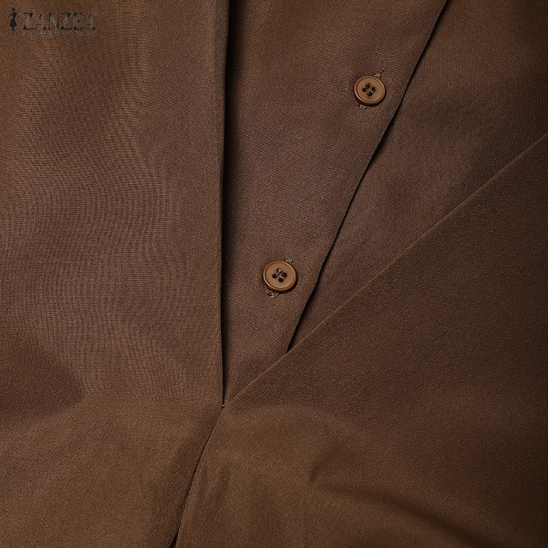 ZANZEA Damen Umlegekragen Langarm Casual Long Shirt Kleid