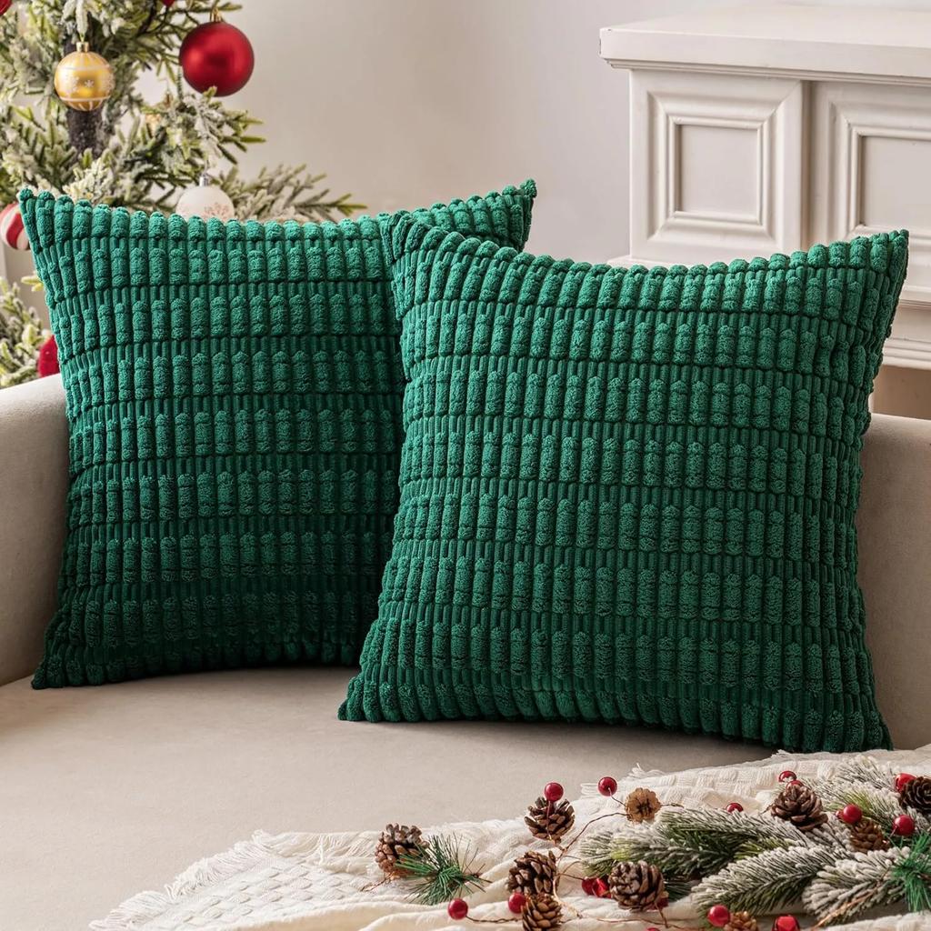 Green Soft Boho Striped Corduroy Throw Pillow Covers, Modern Farmhouse Decor for Sofa Living Room Bed Car 45x45CM Cushion Cover