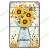 Welcome Poster Metal Plate Vintage Pumpkin Sunflower Bird Metal Tin Signs Wall Decor Garden Door Cafe Party
