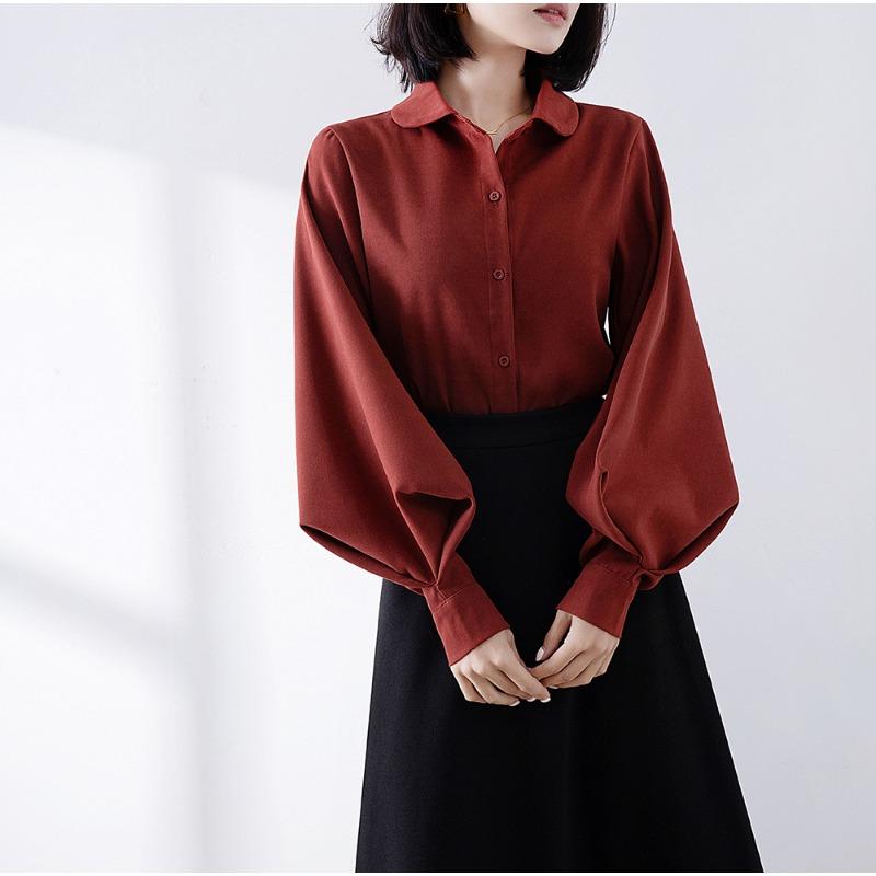 Spring Autumn New Korean Fashion Simple Shirt Fashion Women Lantern Long Sleeve Loose Office Blouse Doll Collar Top Casual Loose Simple Clothes 2595