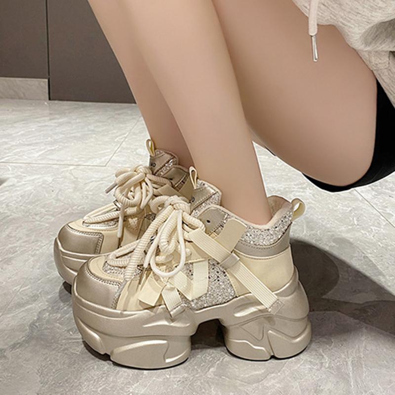 Glitter Platform Dad Sneakers for Women Autumn Winter Thick Sole Elevator Chunky Sneakers Sweet Cool Style Lace-Up Tennis Shoes