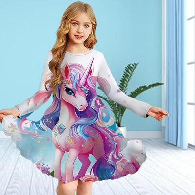 Vestito da principessa per bambina, con stampa 3D casual, unicorno marrone, scollo rotondo, maniche lunghe