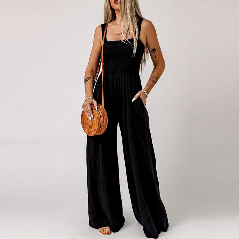 Summer and Autumn Pure Color Women Sexy Suspenders Sleeveless Jumpsuit Wide Leg Pants Office Work Ladies Romper