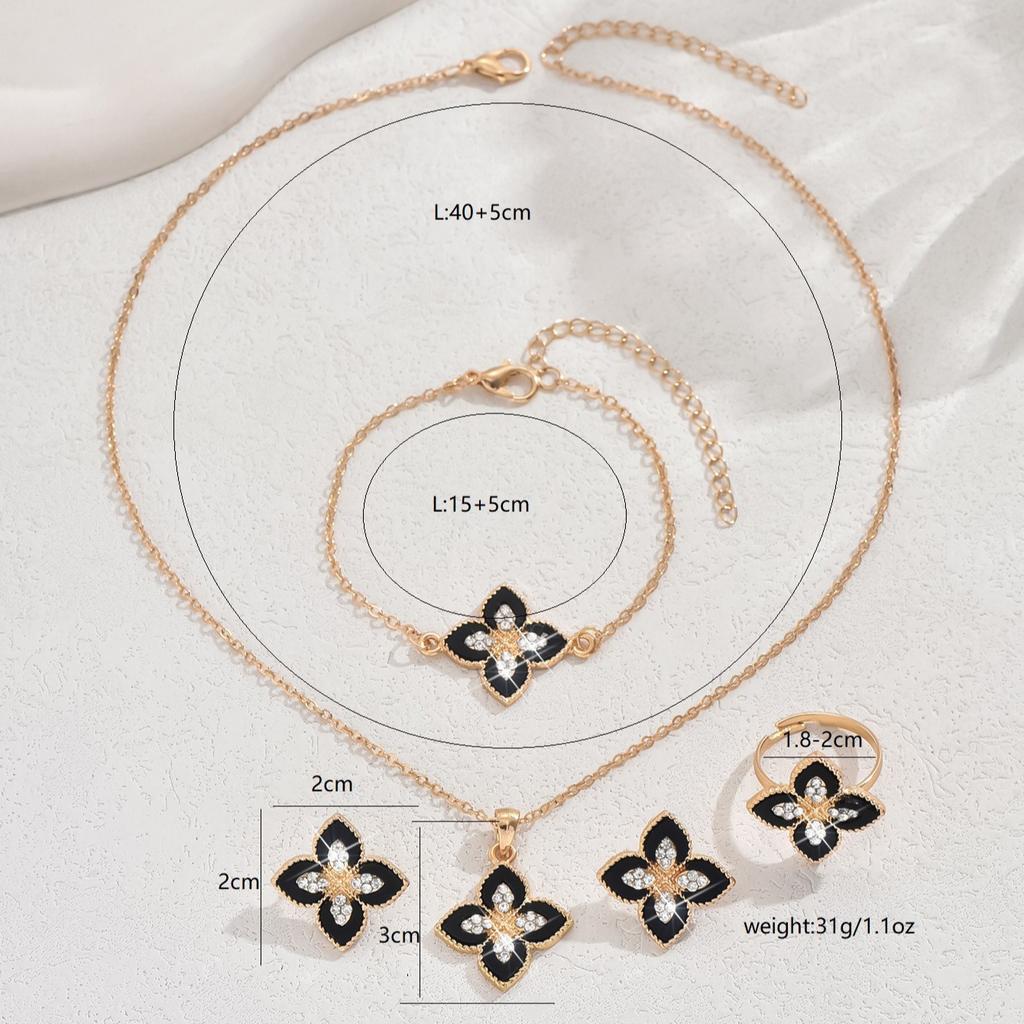New Black Four-leaf Clover Earrings Necklace Bracelet and Ring Four-piece Jewelry Set Fashionable and Sweet