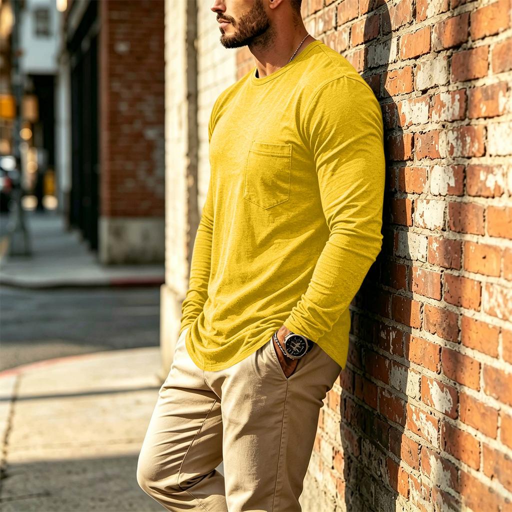 Men's Casual Long Sleeve Round Neck T-Shirt with Pocket for Everyday Wear