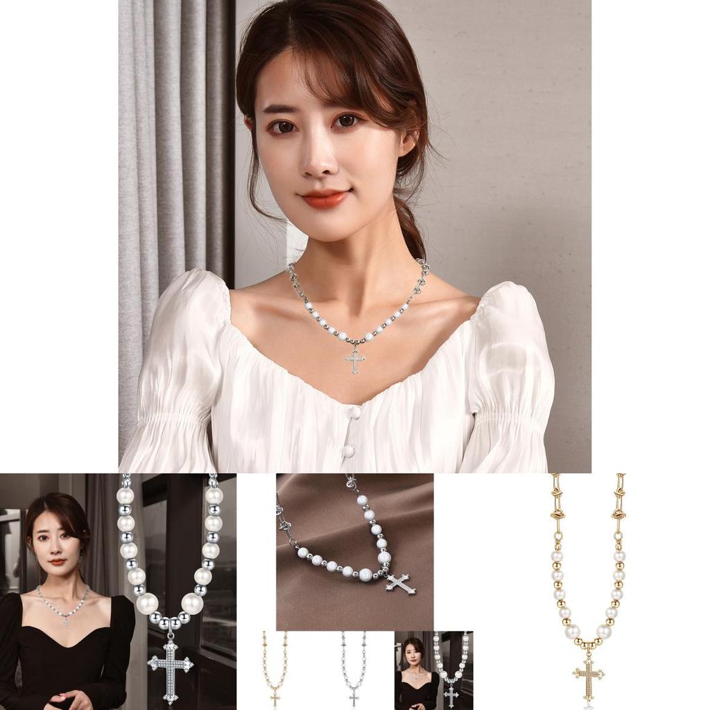 Luxurious Titanium Steel Cross Necklace For Men And Women With Handmade Design And Elegant Pearl Accents