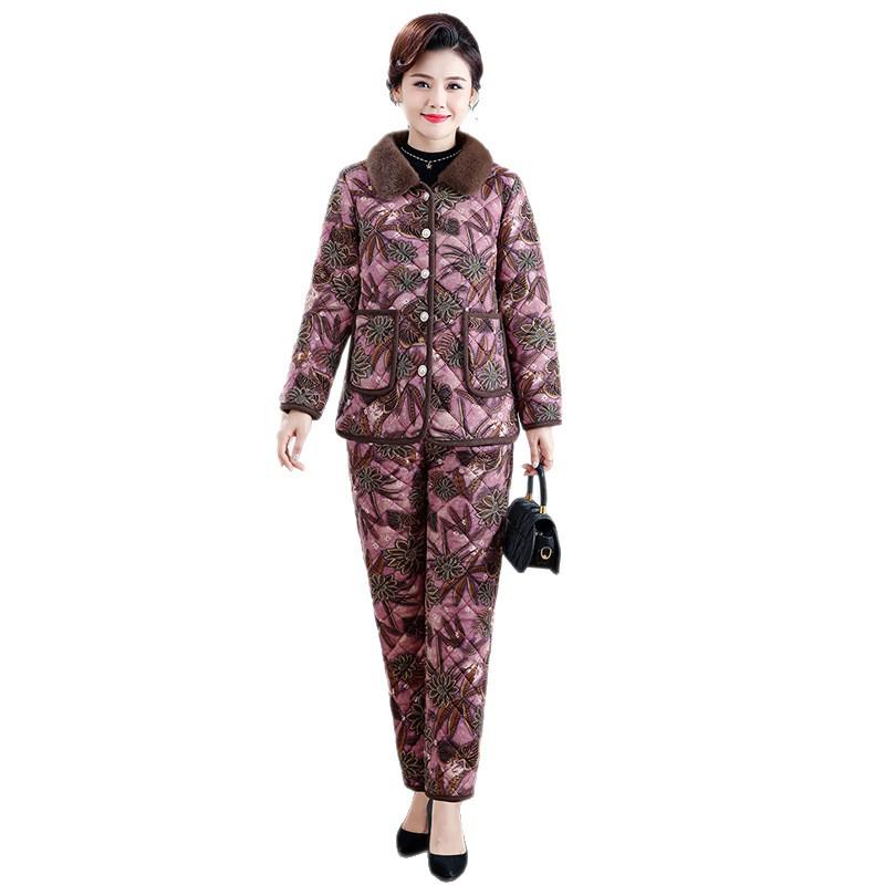Chic Winter Cotton Outfit: Velvet-Lined Jacket & Pants Set for Middle-Aged and Elderly Women