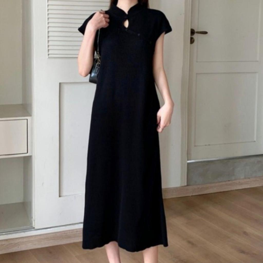 Summer Slimming Striped Knit Dress - Chinese National Style, Short Sleeve, Tummy Covering, H-Line Design, Mid-Length for Women