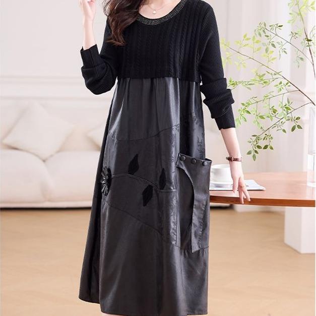 Women's long Sweater Dress Knitted Patchwork PU Leather A-Line Dress Plus Size Knitted Dress for Autumn and Winter ...