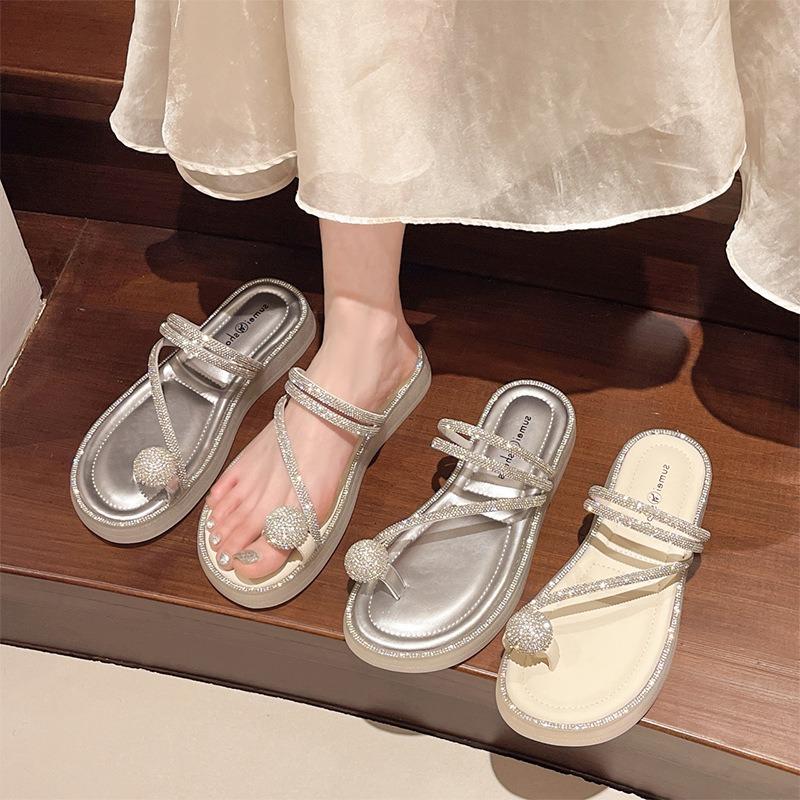 Platform slippers women's summer wear new fashion rhinestone cover toes two wear beach sandals