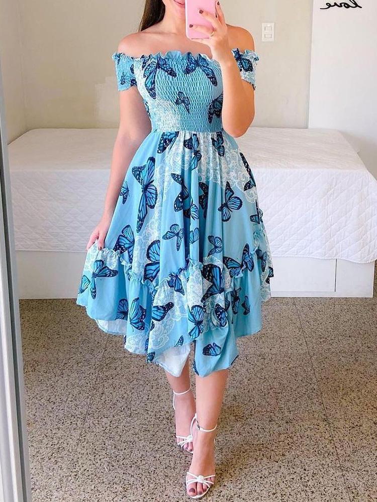 

Женское платье с открытыми плечами и одним вырезом, летнее женское платье с принтом, элегантная модная женская длинная юбка XL синий