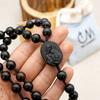Religious Wood Beads Necklace with Storage Bag Crucifix Pendant Chain Handmade Rosary Necklace  Men
