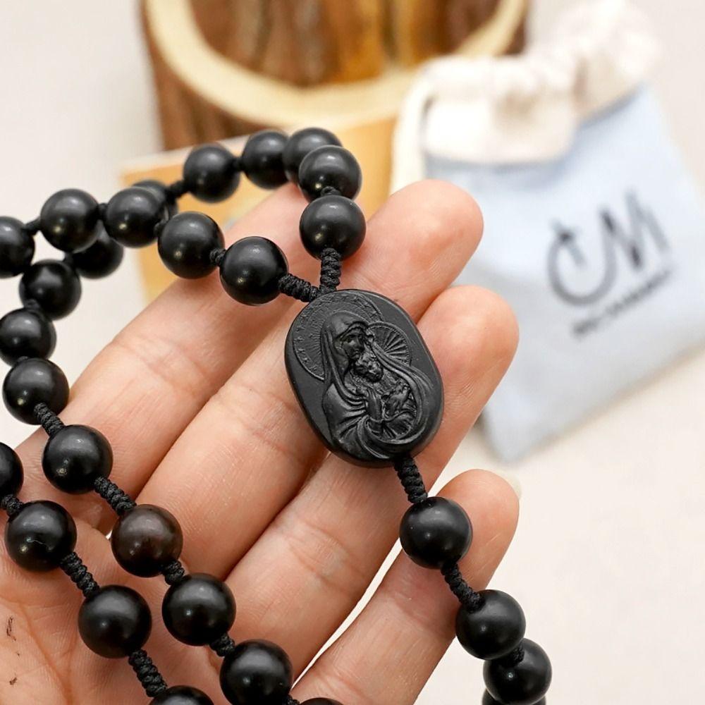 Religious Wood Beads Necklace with Storage Bag Crucifix Pendant Chain Handmade Rosary Necklace  Men