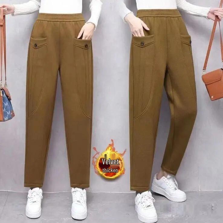 Autumn/Winter Women's Plus Velvet High-Waisted Slimming Harem Pants - Warm, Versatile, Casual Fashion for Moms