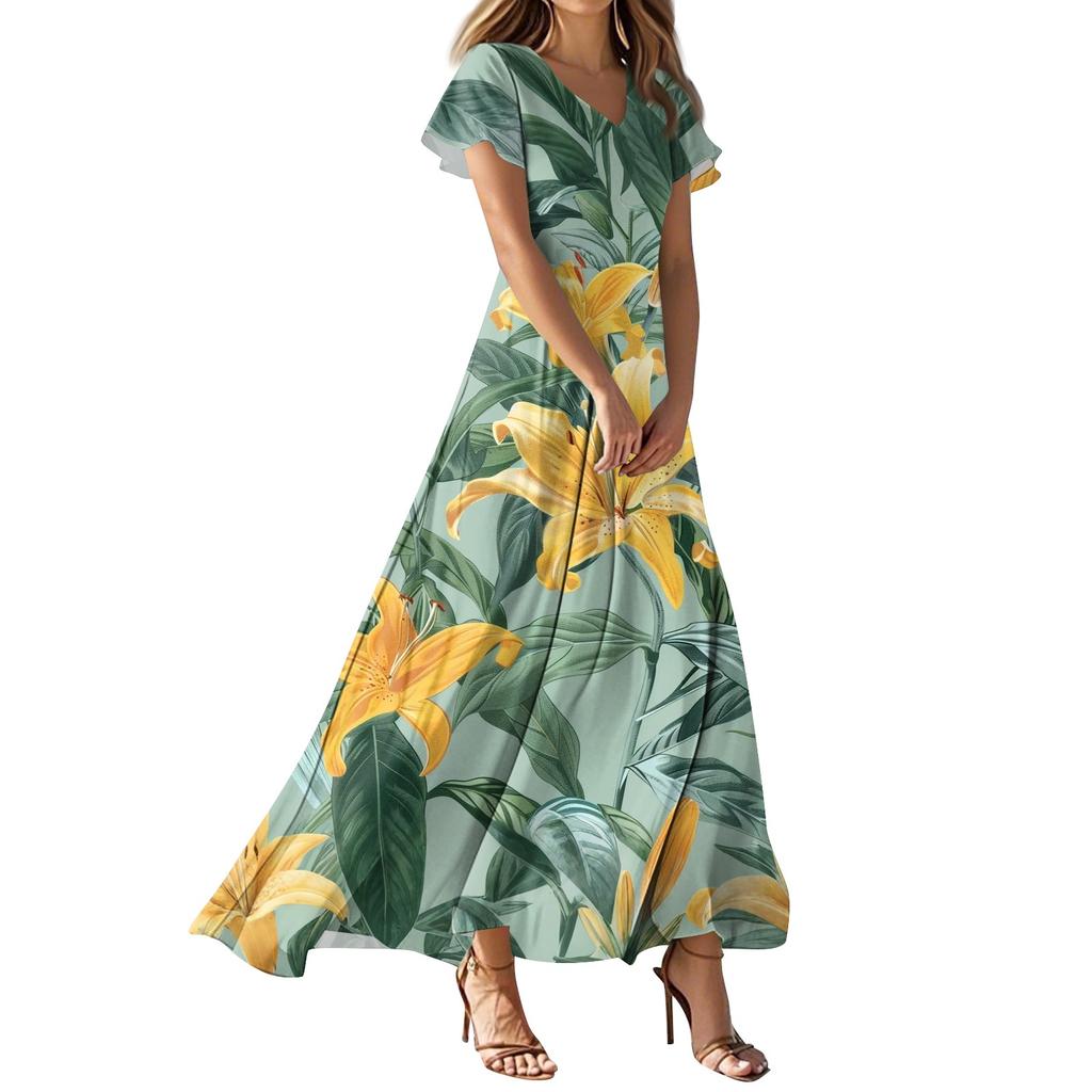 Lässiges Damenkleid mit V-Ausschnitt, kurzen Ärmeln und hoher Taille, Retro-Blumenblatt-Print