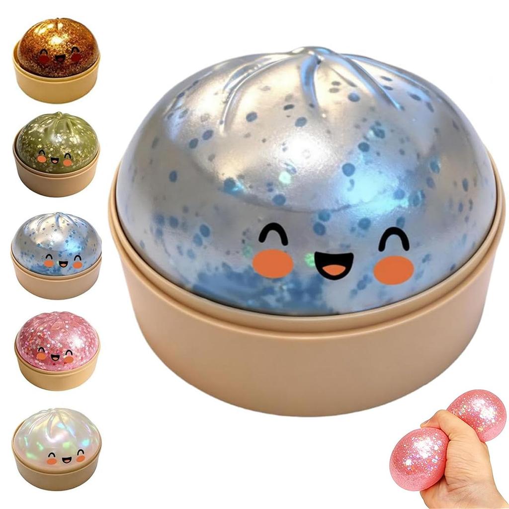 Glitter Dumpling Squishy with Steamer Box, Stress Relief Squeeze Fidget Toy, Glitter Mystery Dumpling Relaxation Toy for Adults, 5 Color Options
