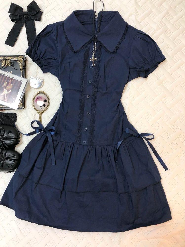 Summer Chic Vintage Black Short Sleeve Dress Women High Street Y2k Patchwork Slim Lapel Gothic Dresses Retro Hot Girl Clothing