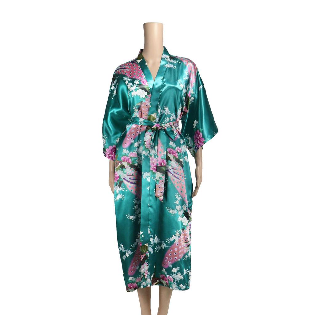 Women's Japanese-Style Satin Kimono Bathrobe with Peacock Design