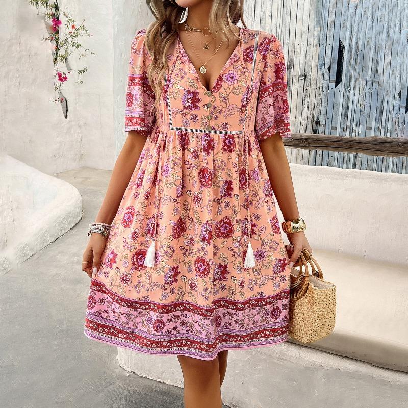 Women's Summer Vacation Printed Short-sleeved Dress