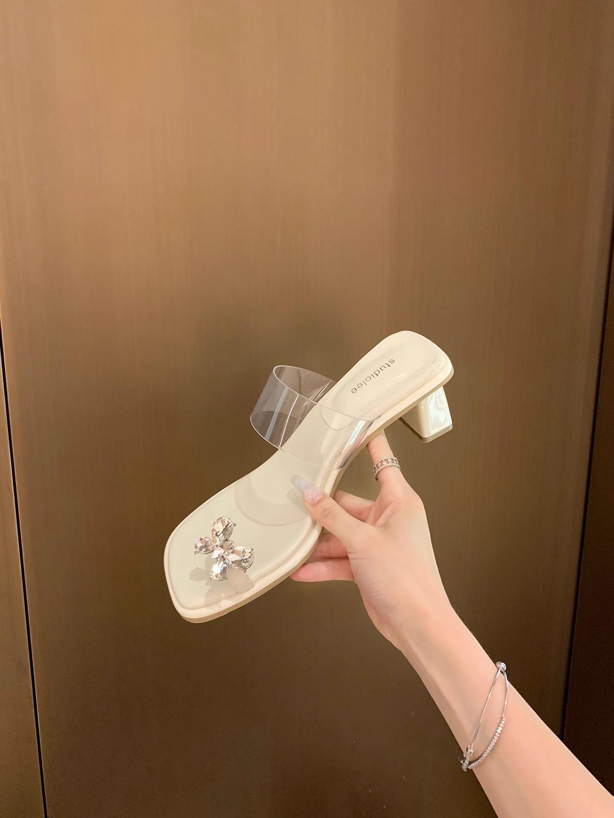 

Версия из овчины~ Изысканные туфли на высоком каблуке с квадратным носком и прозрачным ремешком с темпераментными стразами-бабочками, крутые шлепанцы, женские полусабо 40