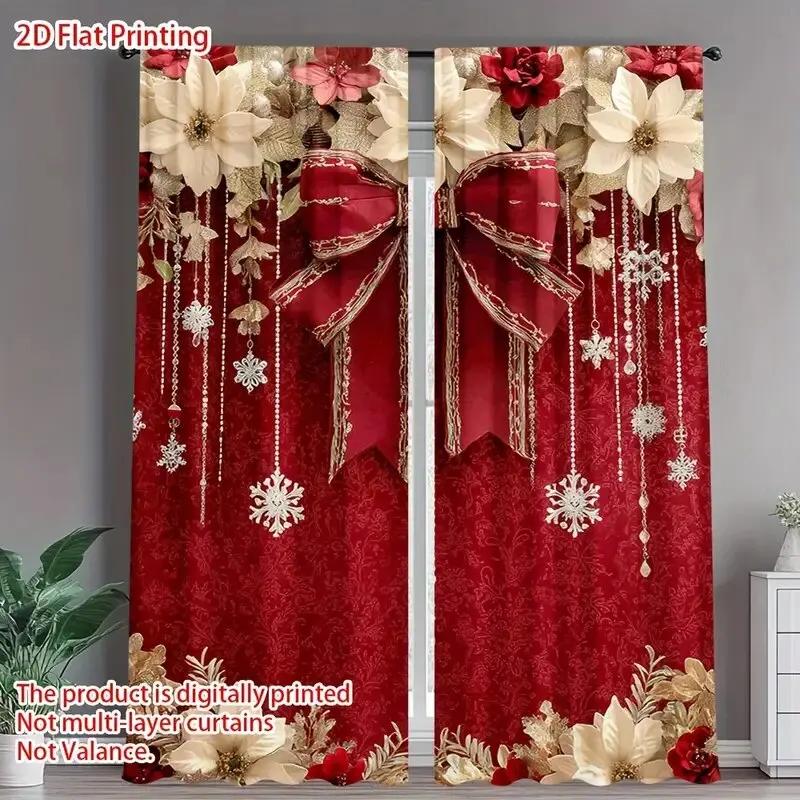 

Christmas Bow Printed Pole Bag Curtains Bedroom Living Room Decoration Home Curtain Set Of 2 Made Polyester Washable Area Ready W100*H70(CM)-Rod Pocket&1PCS