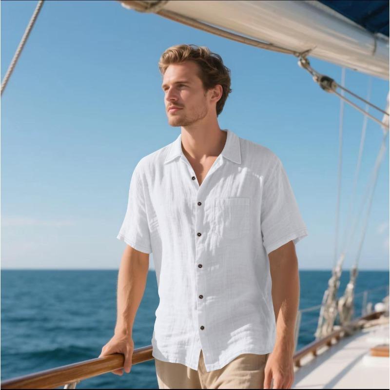 

2026 Men s Linen Short-sleeved Shirt, Casual Breathable Button Shirt, Vacation Beach Summer Top with Pocket 3XL білий