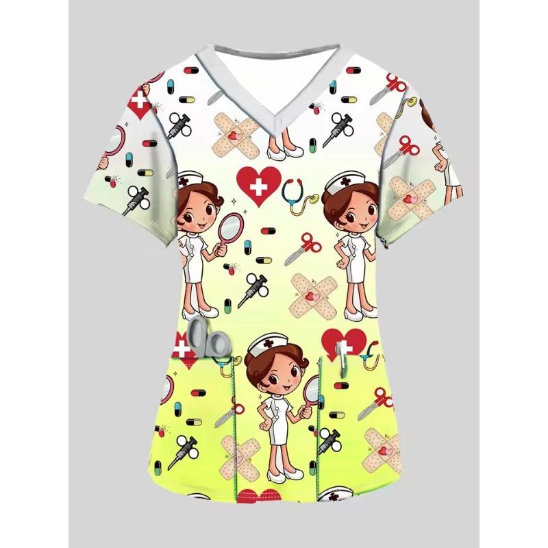 

Женский мультяшный топ-халат для медсестры с V-образным вырезом и принтом по всему телу, с карманами, удобный, из полиэстера, с коротким рукавом, рабочая одежда 5XL