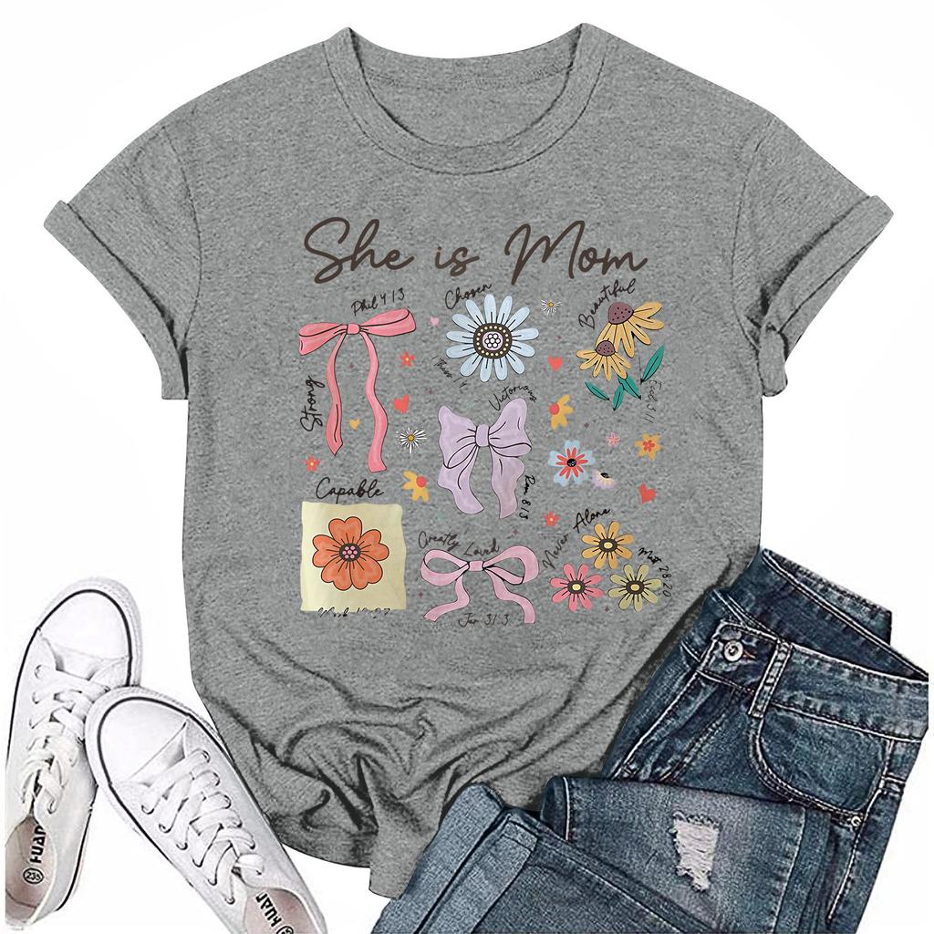 Women Casual Daily Round Neck Printed Short Sleeved T-shirt Letter Top