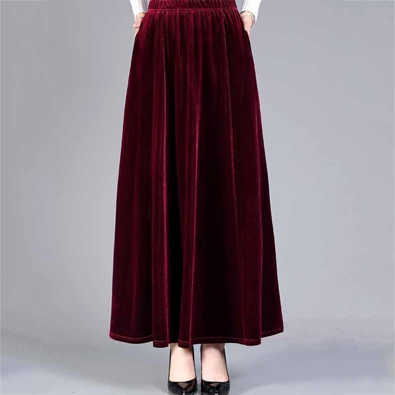 Women's Plus Size Skirt Solid Color High-Waist Gold Velvet Skirt Spring Autumn Long A-Line Skirt