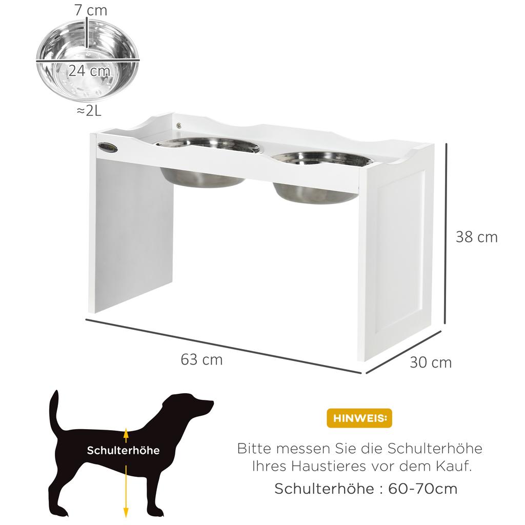 Feeding station, bowl stand, 2 feeding bowls of 2 liters each, stainless steel, for large dogs, white, 63 x 30 x 24cm