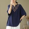 Women T-shirt Deep V Neckline Embroidery Floral Pattern Pullover Tops Pure Color Loose Fit Traditional Pattern Tee