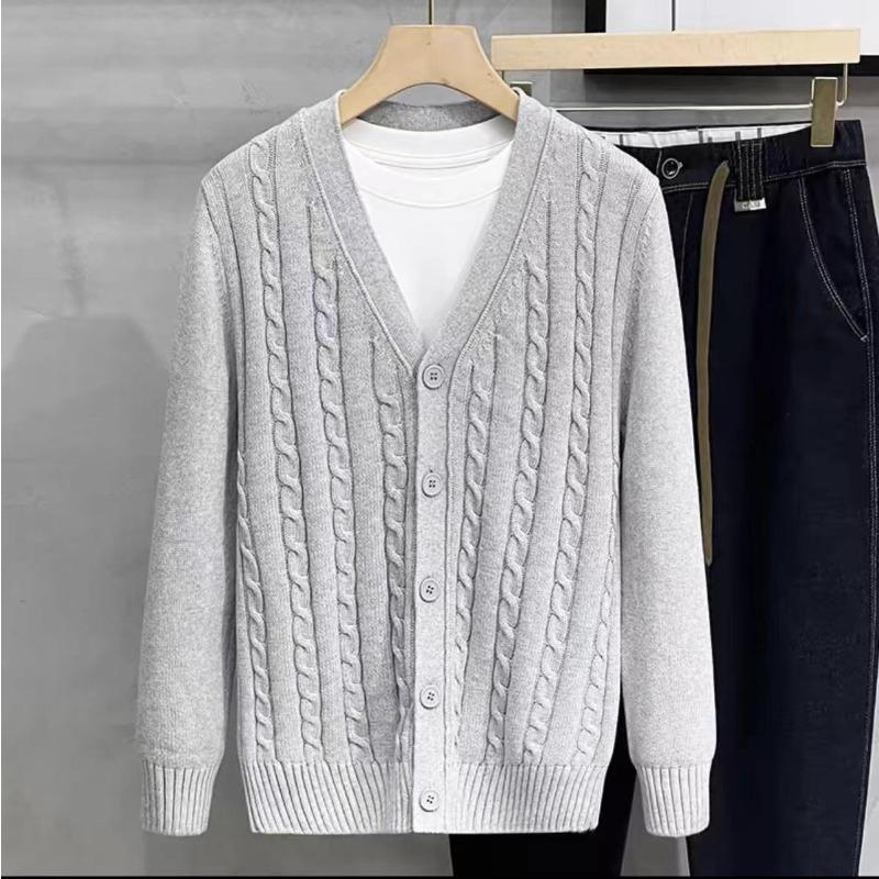 Men's Solid Color V-neck Cardigan Long-sleeved Threaded Sweater Knitted Jacket Top