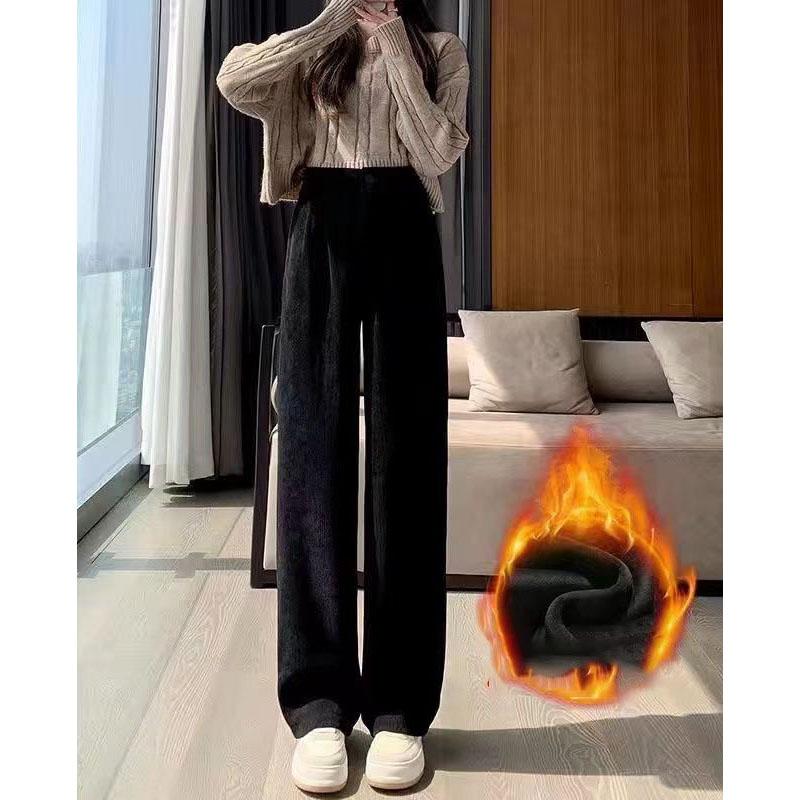

Брюки с высокой талией и широкими штанинами из бархата, повседневные зимние теплые прямые брюки в корейском стиле, утолщенные свободные спортивные брюки XXL чёрный