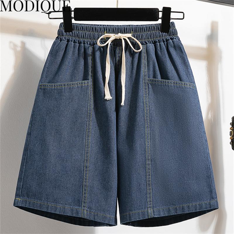 MODIQUE Été Femmes Grandes Tailles Ample Basiques Élastique Cordon de Serrage A-Ligne Jambe Large Short en Denim Féminin Décontracté Bleu Foncé Short