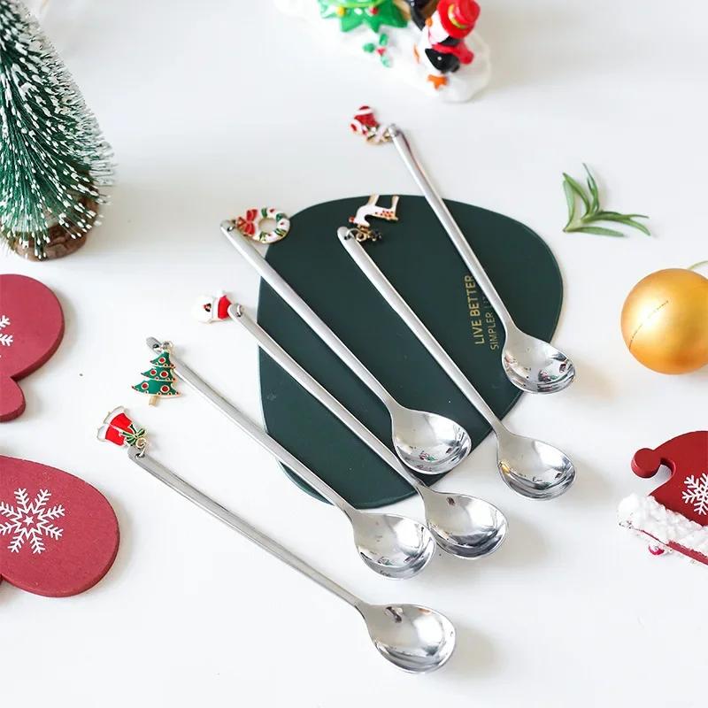 New Year  Stainless Steel Christmas Spoons Xmas Party Coffee Spoon with Christmas Pendant Christmas Decorations Noel Gift