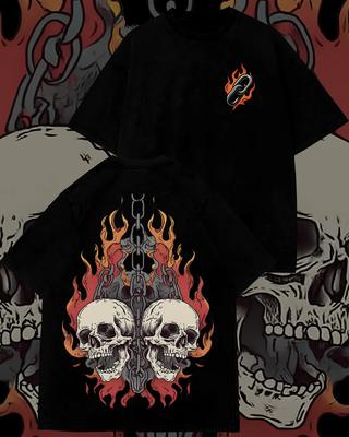 Adult and Childrens Hell Chains Flame Skull Doublesided Print Pure Cotton Tshirt A Musthave for Hardcore Punk Parties