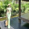 Green field polka dot dress French cold sense matcha green polka dot mesh cut slim dress