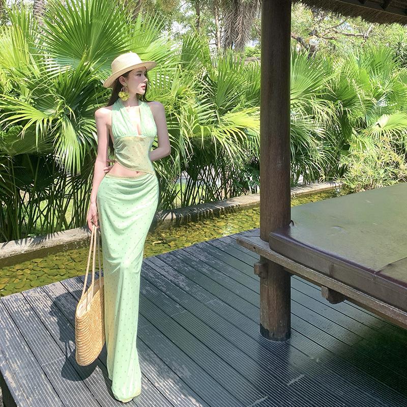 Green field polka dot dress French cold sense matcha green polka dot mesh cut slim dress
