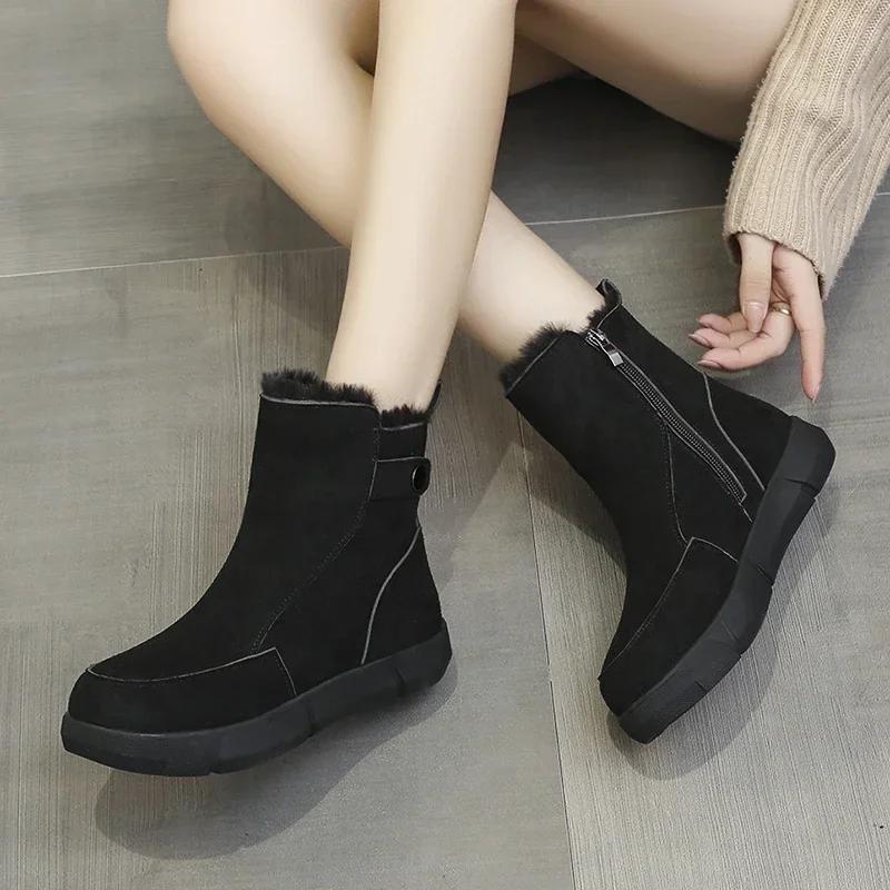 2025 Fashion Shoes Female Side Zipper Women's Boots Winter Round Toe Plush Fleece for Warmth Solid Short Barrel Flat Boots