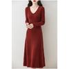 Autumn and Winter New V-neck Thin Medium and Long Knitted Dress Women's Solid Color Temperament Simple Inside with a Bottom Sweater Skirt