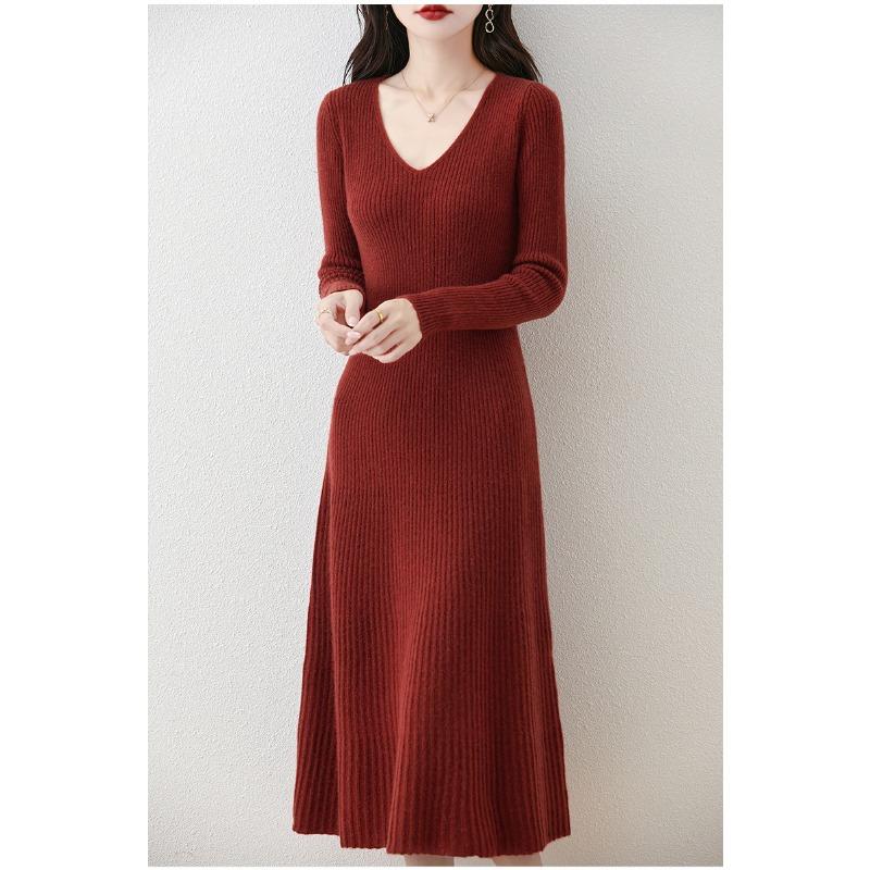 Autumn and Winter New V-neck Thin Medium and Long Knitted Dress Women's Solid Color Temperament Simple Inside with a Bottom Sweater Skirt
