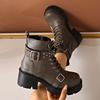 Fashion Women's Leather Rivet Short Top Lace-up Boots, Women's Thick-heeled Large-sized Belt Buckle Motorcycle Boots