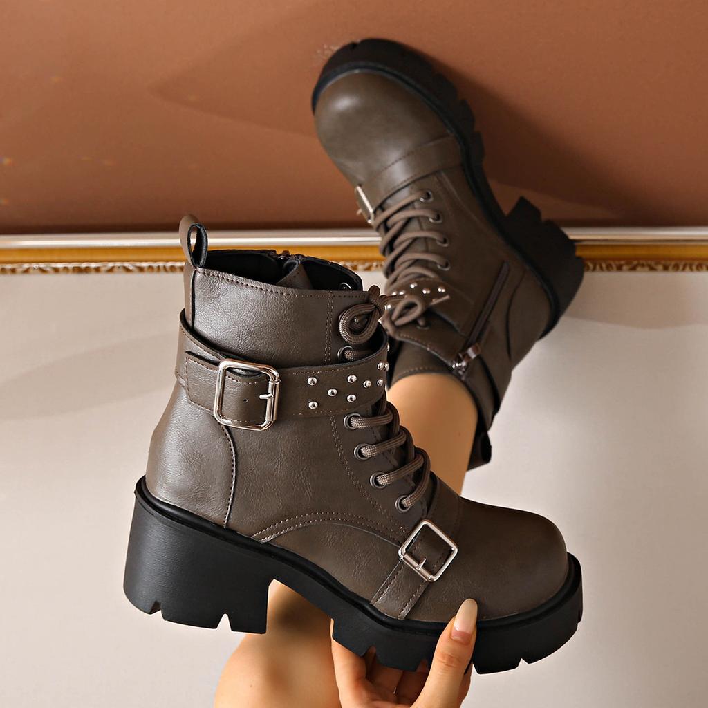 Fashion Women's Leather Rivet Short Top Lace-up Boots, Women's Thick-heeled Large-sized Belt Buckle Motorcycle Boots