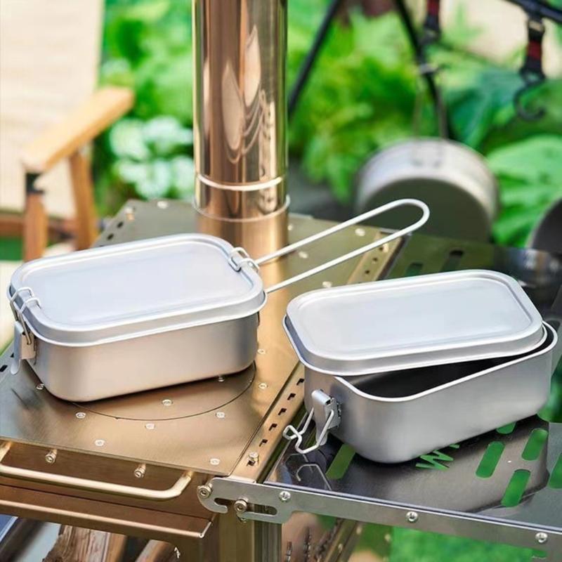 800ml/1200ml Portable Camping Lunch Box Folding Handle Metal Alloy Camping Bentos Container Rectangle Lunch Box