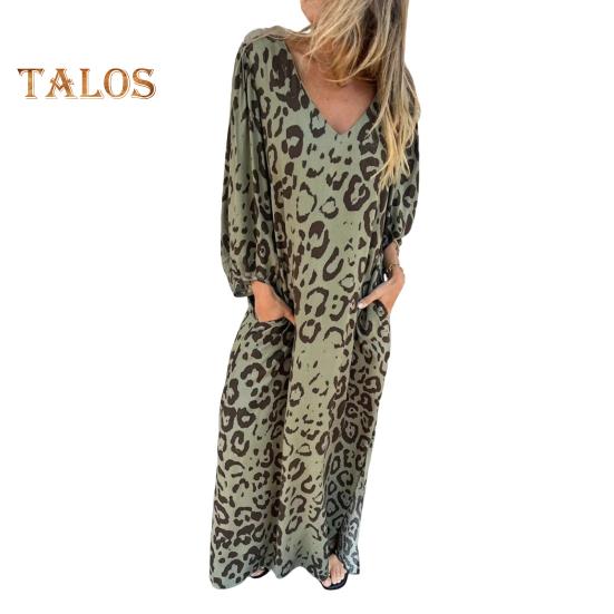 Women's Leopard Print Dress V-Neck Long Sleeve Maxi Dress Casual Loose Fit Spring Summer Dress for Office Daily Wear Vacation Party