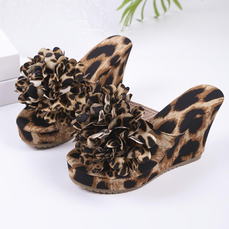 Women's Leopard Print Open-Toe Wedge Sandals with Floral Accents - Slip-On Comfort, Breathable Fabric Upper & Durable Rubber Sole - Casual to Dressy