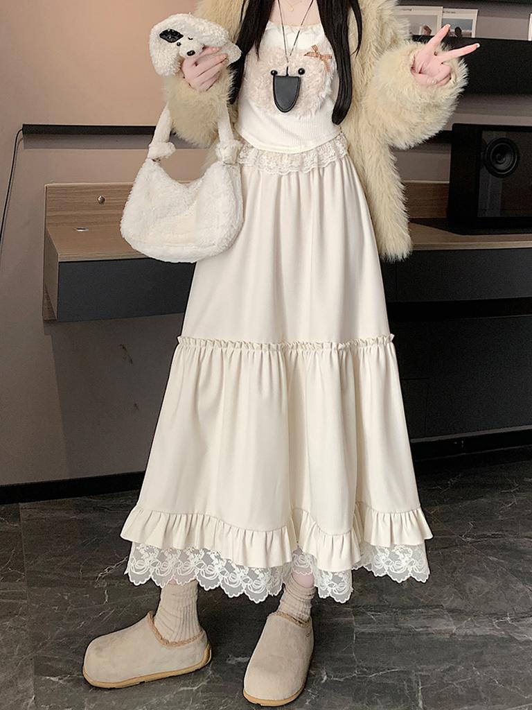 Lace Spliced Midi Skirts for Women High Waist Sweet Vintage A-line Cake Skirt Fashion Clothing Spring Autumn